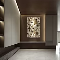 Modern Interior Design With Abstract Decorative Painting Wooden Wall And Cabinets