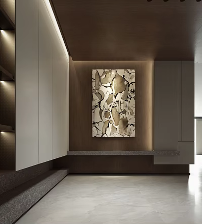 Modern Interior Design With Abstract Decorative Painting Wooden Wall And Cabinets 3d model