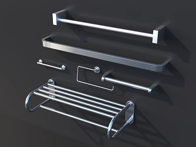Modern Stainless Steel Bathroom Accessories With Towel Rack Shelf And Hooks 3d model