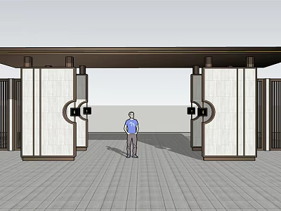 Classic Entrance Gate With Symmetrical Decorative Panels And Stone Paved Ground 3d model