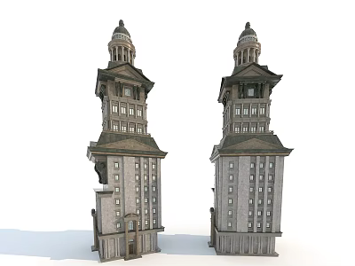 European Architecture Two Symmetrical Towers with Spires Multi Storey Structure and Decorative Windows 3d model