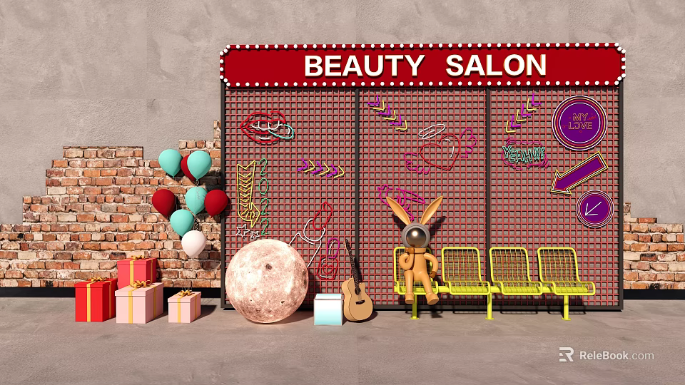 Beauty Salon Photo Spot With Neon Wall Balloons Gift Boxes Guitar And Yellow Benches 3d model 