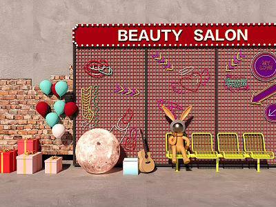 Beauty Salon Photo Spot With Neon Wall Balloons Gift Boxes Guitar And Yellow Benches 3d model