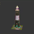 Black and White Striped Lighthouse Model With White Top And Green Base 3d model
