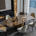 Elegant Modern Dining Table Set With Marble Top Upholstered Beige Chairs Fireplace And Large Windows