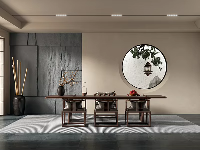 Traditional Chinese Tea Room With Round Window Lantern Long Wooden Table Stone And Beige Walls 3d model