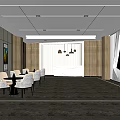 Modern Front Desk Reception Interior With Marble Counter Wooden Walls Pendant Lights And Art Decor