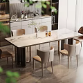 Elegant Modern Dining Area With Marble Table Beige Brown Chairs And Kitchen Backdrop 3d model