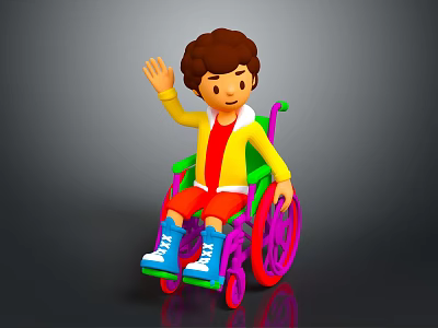 Cartoon Character in Wheelchair Waving with Brown Hair Yellow Jacket and Blue Shoes 3d model