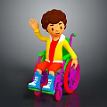 Cartoon Character in Wheelchair Waving with Brown Hair Yellow Jacket and Blue Shoes