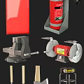Efficient Garage Workshop Setup With Functional Workbench Tools Gray Cabinets And Red Refrigerator 3d model
