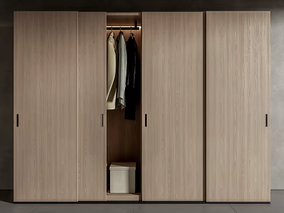 Modern Wooden Wardrobe With Multiple Doors And Open Compartment Featuring Hanging Clothes And Storage Box 3d model