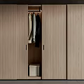 Modern Wooden Wardrobe With Multiple Doors And Open Compartment Featuring Hanging Clothes And Storage Box