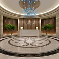 Modern Elevator Hallway Interior With Wall Logo Lamps Potted Plants And Marble Flooring
