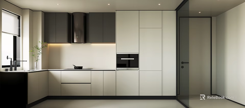 Modern Kitchen Interior With Black White Cabinets Range Hood And Built In Oven 3d model 