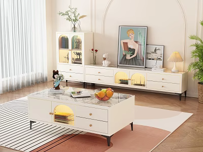 White TV Stand With Marble Top Storage Drawers Open Shelves And Decorative Plants Artwork 3d model