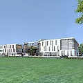 Modern School Building Exterior With Glass Windows Colorful Vertical Stripes Green Lawn And Students