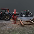 Two Black Tractors With Wood Logs And Trailer In Rural Work Scene