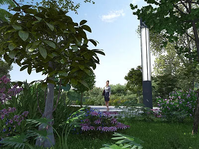 Beautiful Natural Landscape With Green Trees Purple Flowers Pathway And Person Walking Under Blue Sky 3d model