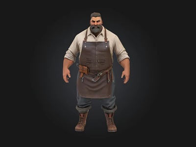 Bearded Male Craftsperson In Brown Apron With Leather Boots And Tools 3d model