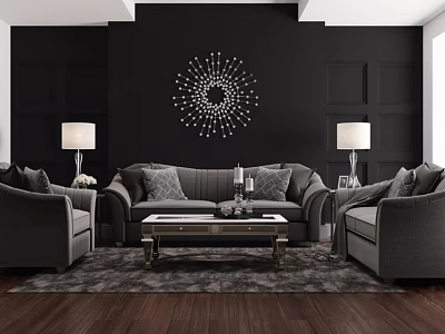 Modern Grey Sofa and Coffee Table Set with Pillows Wooden Table Circular Decor and Lamps 3d model
