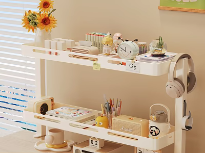 White Multilayer Decorative Shelf with Sunflowers Cups Stationery and Small Decor 3d model