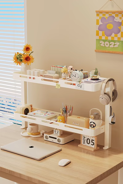 White Multilayer Decorative Shelf with Sunflowers Cups Stationery and Small Decor 3d model