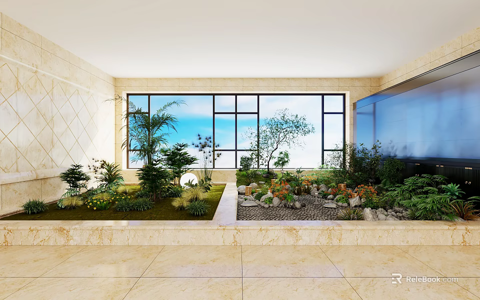 Indoor Miniature Garden Design With Various Green Plants Moss Stones And Large Windows 3d model 