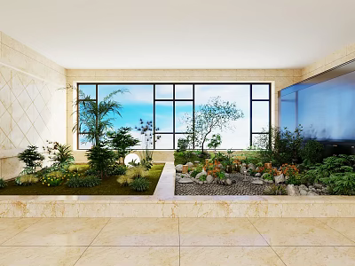 Indoor Miniature Garden Design With Various Green Plants Moss Stones And Large Windows 3d model