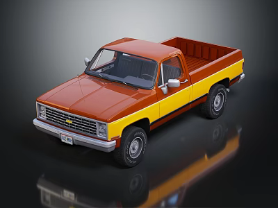Red And Yellow Chevrolet Pickup Truck Model On Black Reflective Surface 3d model