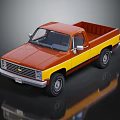 Red And Yellow Chevrolet Pickup Truck Model On Black Reflective Surface