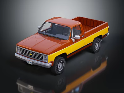 Red And Yellow Chevrolet Pickup Truck Model On Black Reflective Surface 3d model