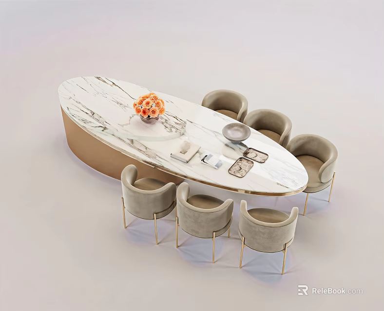 Oval Dining Table Set With Marble Top Light Gray Chairs Gold Legs And Floral Centerpiece 3d model 