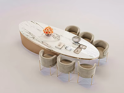 Oval Dining Table Set With Marble Top Light Gray Chairs Gold Legs And Floral Centerpiece 3d model