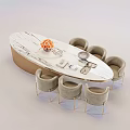Oval Dining Table Set With Marble Top Light Gray Chairs Gold Legs And Floral Centerpiece