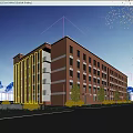 Red Brick Multi Story School Building With Students Trees And Road Area 3d model
