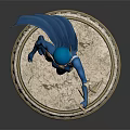 Blue Helmeted Female Superhero Standing On Circular Stone Pedestal With Lightning Weapon And Gold Symbol