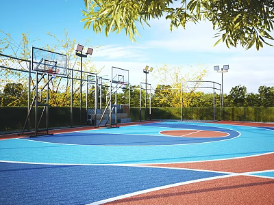 Outdoor Basketball Court With Colorful Courts Hoops Lights And Trees 3d model