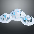 Celestial Orb Models with Blue Black Patterns on White Circular Bases for Space
