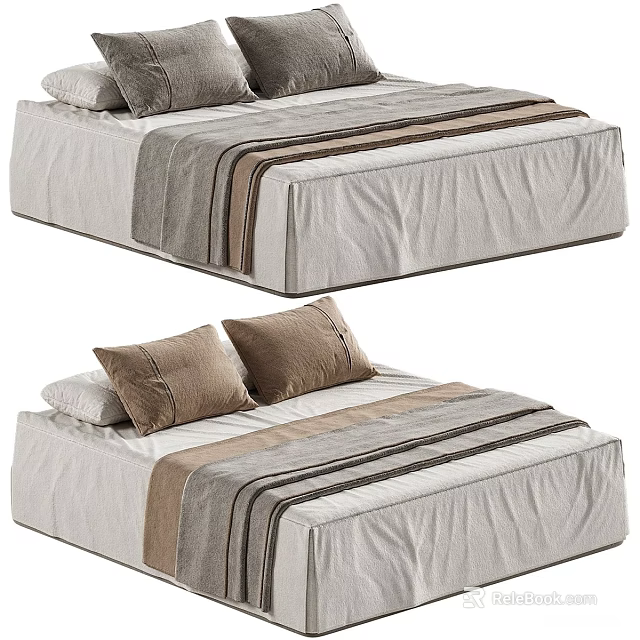 Modern Double Bed Interior Design With Linen Striped Sheets And Decorative Pillows 3d model