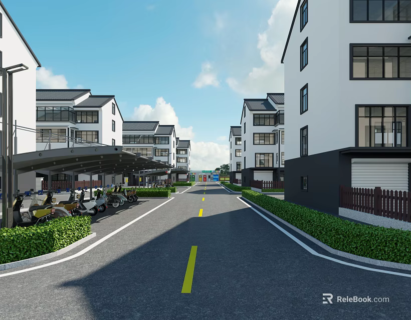 Outdoor Canopy Covered Parking Area Along Residential Road With Buildings And Green Belts 3d model 