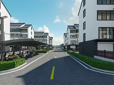 Outdoor Canopy Covered Parking Area Along Residential Road With Buildings And Green Belts 3d model