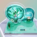 Green Algae Essence Cosmetics On Transparent Display With Green Bottles And Round Mirror Backdrop