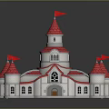 Fairy Tale Style Castle With Red Roof Spires And Flags On Gray Background
