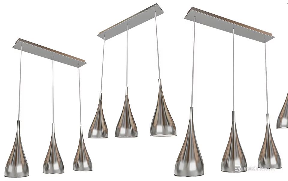 Modern Metallic Pendant Lights With Cone Shaped Shades And Long Bar Mount 3d model