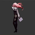 Stylish Pink Haired Female Character In Dark Leather Outfit Holding Pink Item And High Heels
