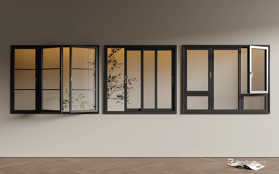 Modern Black Frame Casement Windows With Green Plants Outside Light Wall And Wooden Floor 3d model 
