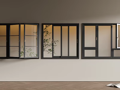 Modern Black Frame Casement Windows With Green Plants Outside Light Wall And Wooden Floor 3d model