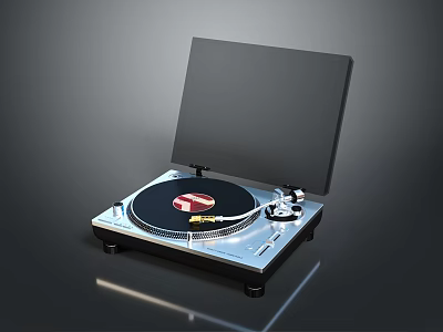 Silver Base Turntable With Black Platter Red Logo And Open Lid On Gray Background 3d model