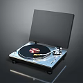 Silver Base Turntable With Black Platter Red Logo And Open Lid On Gray Background 3d model